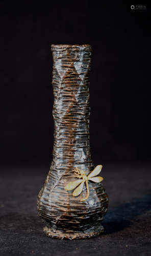 Japanese Bronze Mixed Metal Vase with Dragon Fly