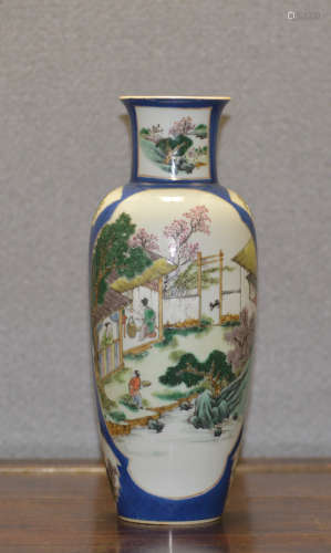 Chinese Famille Verte Porcelain Vase with Harvesting Scene