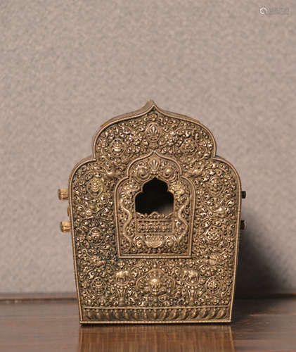 Tibetan Repouse Traveling Buddha Shrine - White Brass