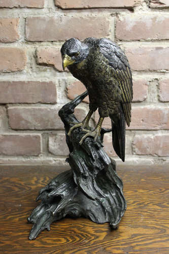 Stunning Japanese Bronze Hawk on Tree Stump