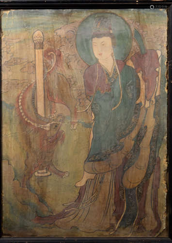 Antique Chinese Fresco Painting of Beauty with Immortal Beast