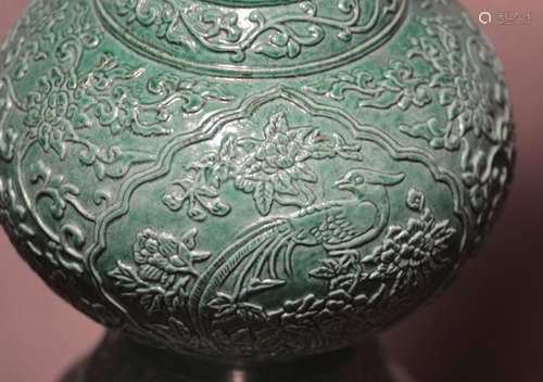 Chinese Molded Green Vase with Pheonix Scene