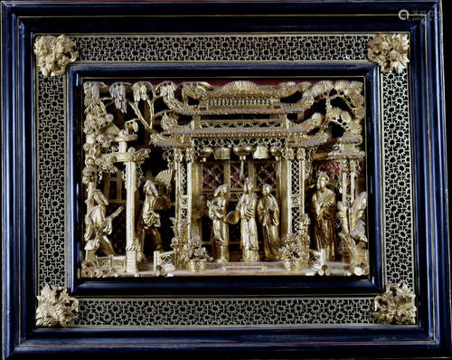 Chinese Gilt Wood Panel with Figural Scene