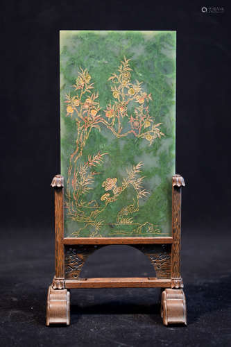 Chinese Spinach Jade Screen with Gilt - Peach Scene