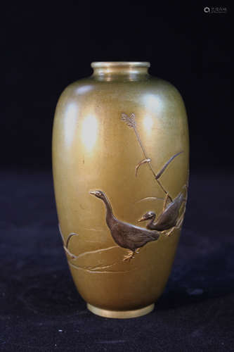 Japanese Mixed Metal Bronze Vase - Goose Scene