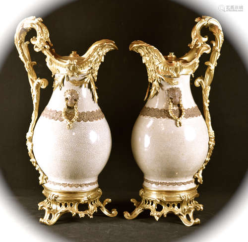 Pair Chinese Gilt Bronze French Ormolu Mounted Porcelain Vases