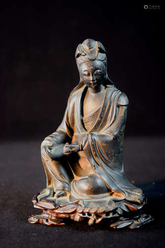 Chinese Bronze Kuanyin Seated on Rosewood Stand