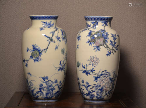 Pair Japanese Arita Porcelain Vases - Floral and Bird Scene