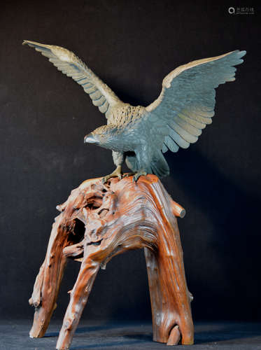 Japanese Bronze Hawk on Burlwood Root Stand