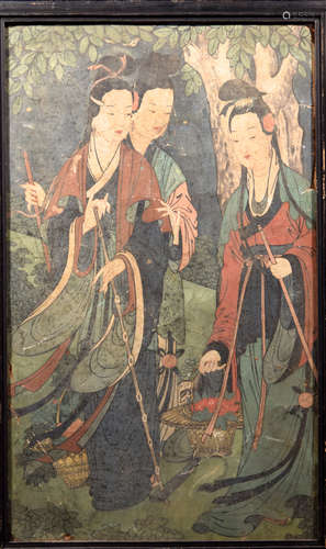 Antique Chinese Fresco Painting of Three Beauty