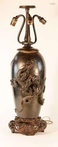 Japanese Bronze Dragon Vase with Carved Wood Wave Base