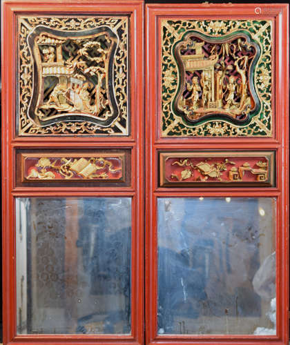 Pair Chinese Carved Gilt Lacquer Wood Panels