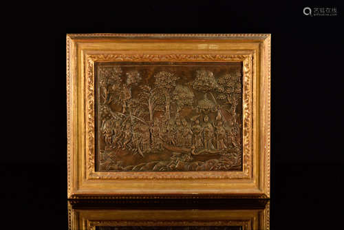 Tibetan Repousse Copper Plaque with Buddhist Scene