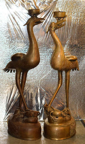 Pair Chinese Palace Size Bronze Crane