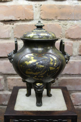 Japanese Mixed Metal Bronze Censer with Pheonix Scene