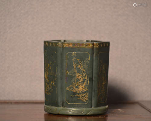 Chinese Spinach Green Jade Brushpot with Gold Highlight