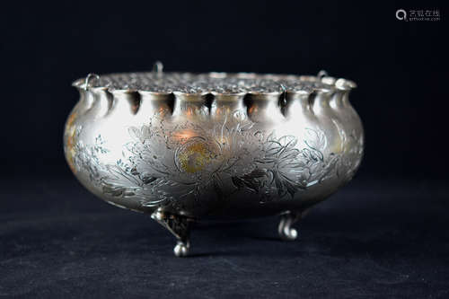 Japanese Silver Bowl with Incised Floral Decoration