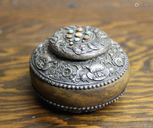 Tibet Wood and Silver Box with Foolion Mask