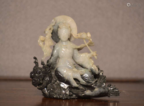 Chinese Black White Jade Carving of Kuanyin Riding Carp