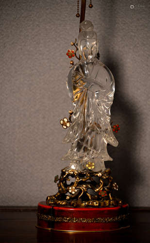 Chinese Rock Crystal Kuanyin Mounted as Tiffany Enamle Bronze Base