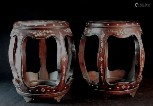 Pair Chinese Wood Stools with Mother of Pearl Inlay