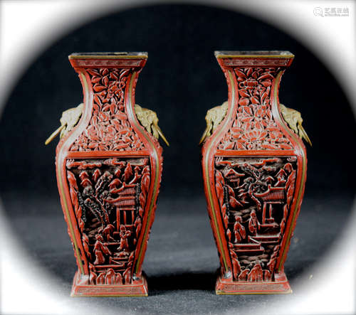 Pair Chinese Cinnaber Lacquer Vases with Qianlong Mark