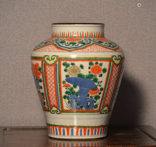 Chinese Wucai Porcelain Vase - Rock and Floral Scene