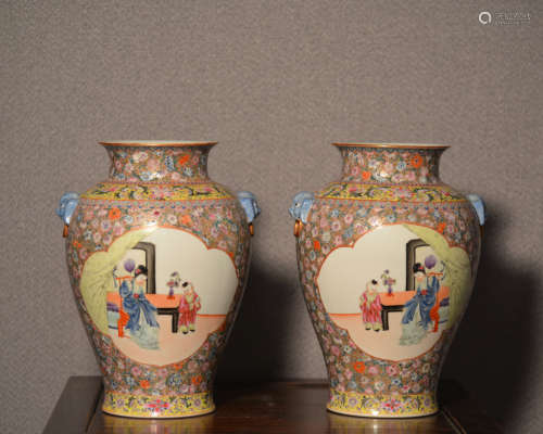Pair Chinese Milifloral Famille Rose Republic Porcelain Vases