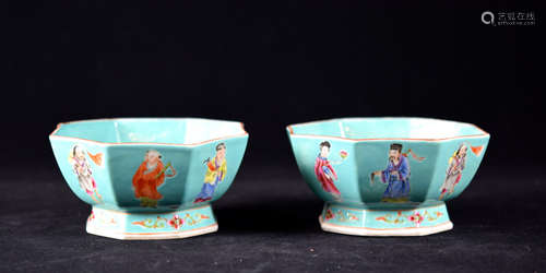 Pair Chinese Hexagonal Bowls with Immortal Scene