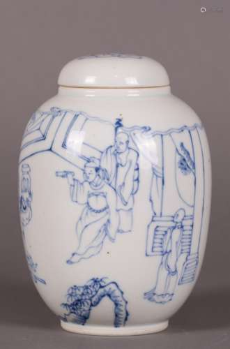 CHINESE BLUE AND WHITE FIGURAL COVER JAR