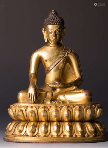 CHINESE GILT BRONZE FIGURE OF SHAKYAMUNI