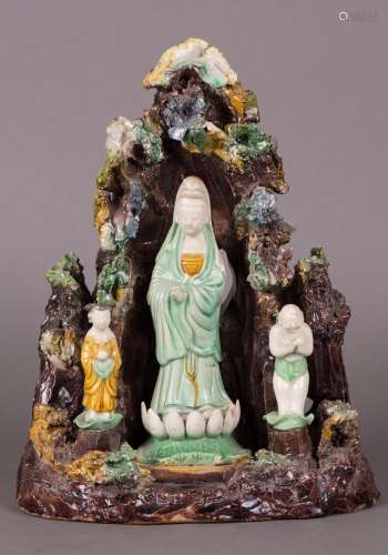 CHINESE SANCAI FIGURE OF GUANYIN, BOY AND GIRL