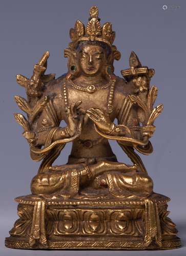 CHINESE GILT BRONZE FIGURE OF MANJUSRI