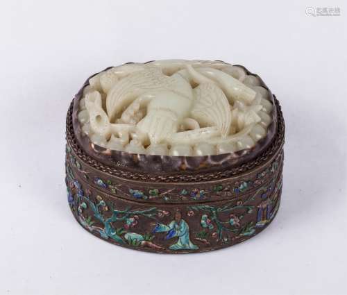 CHINESE WHITE JADE PLAQUE ON SILVER ENAMEL BOX