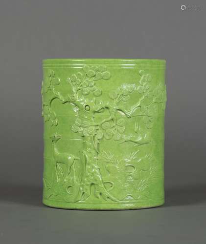 CHINESE LIME GREEN GLAZED BRUSH POT