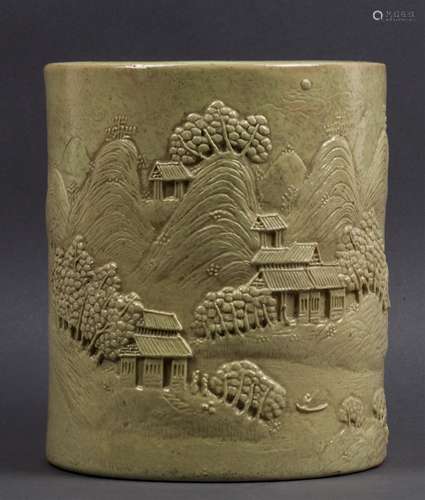 CHINESE QING YELLOW GLAZED PORCELAIN BRUSH POT