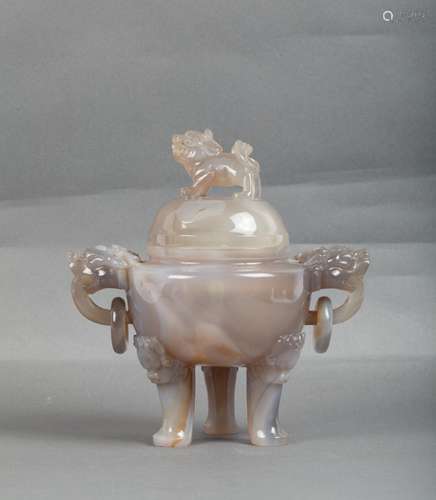 CHINESE AGATE TRIPOD COVER CENSER