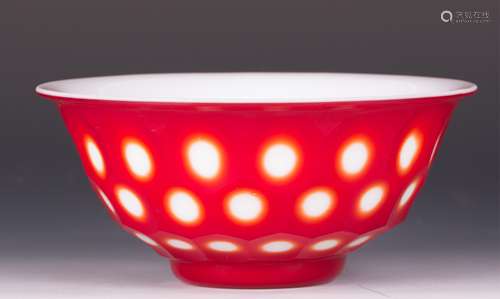 CHINESE RED OVER WHITE PEKING GLASS BOWL