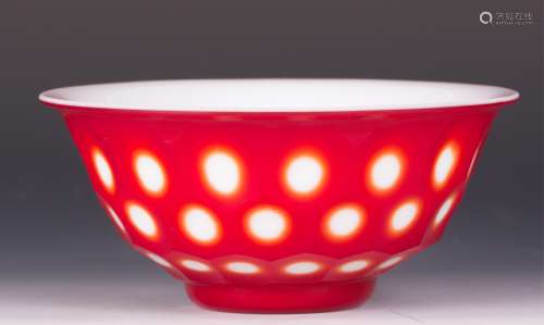 CHINESE RED OVER WHITE PEKING GLASS BOWL