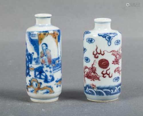 TWO CHINESE BLUE WHITE IRON RED SNUFF BOTTLES