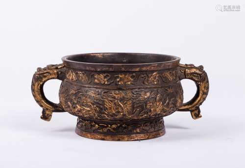 CHINESE GILT BRONZE DRAGON TWIN EAR CENSER