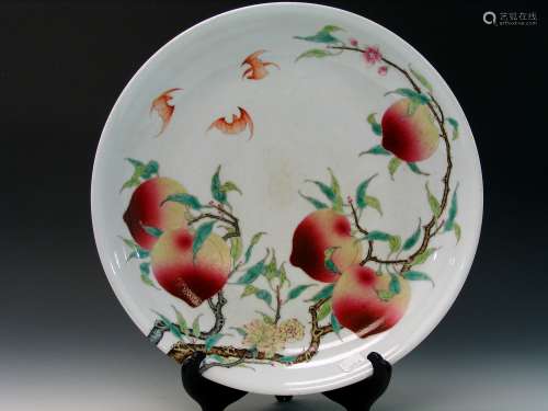 Chinese famille rose porcelain peach charger. Yongzheng Mark.