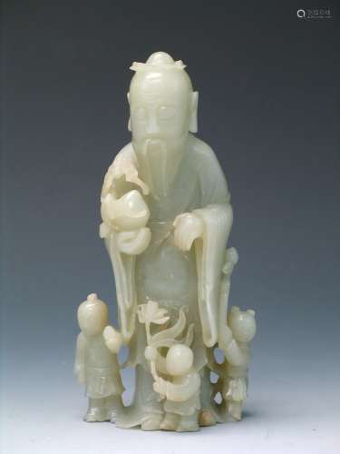 Chinese jade carving of Shoulao and 3 boys. Qing dynasty.