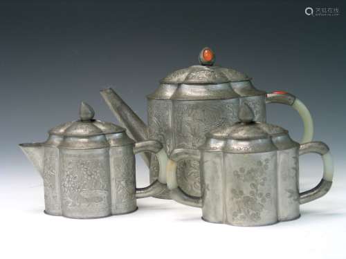 A group of 3 Chinese pewter items.