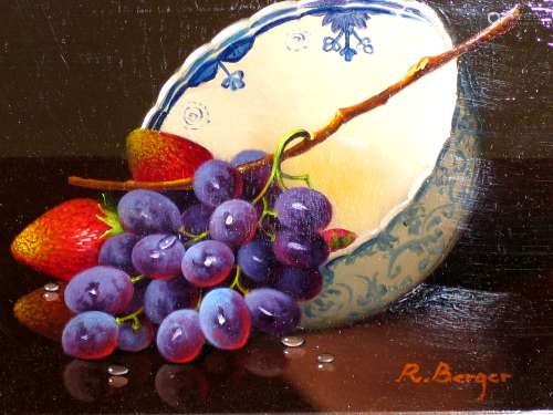 Grapes with Bowl, Oil on Board, signed by Rath Berger.