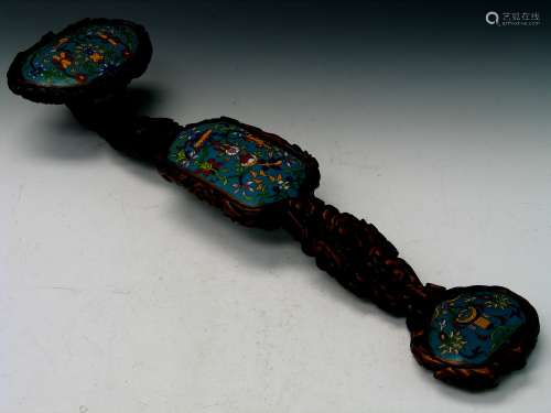 Chinese carved wood and cloisonne ruyi scepter.