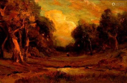 Clearing in the Woods with Two Figures in Original Period Frame, by Manuel Valencia