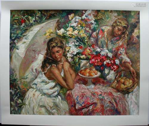 Jose Royo, Adornando La Mesa, Limited Edition Serigraph on Paper , signed by artist. Image is 29