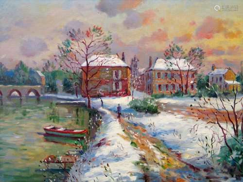Neige A Moret Sur Loing, Oil on Canvas, signed by Jean Francois Bourgeat.