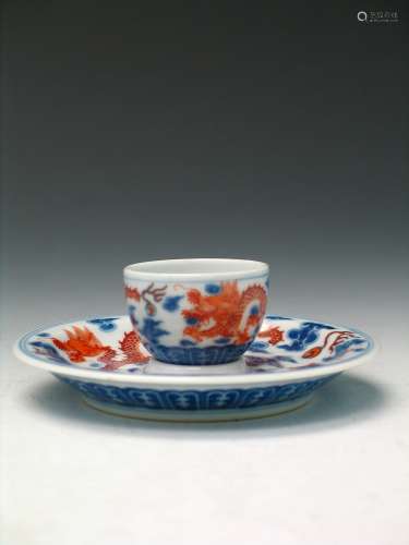 Chinese blue and white cup and saucer with iron red dragon decorations